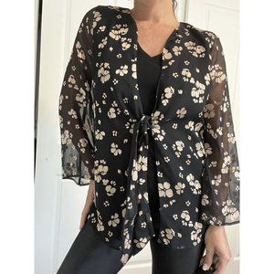 L'Academie Black & Gold Floral Open Front Kimono Blouse Small